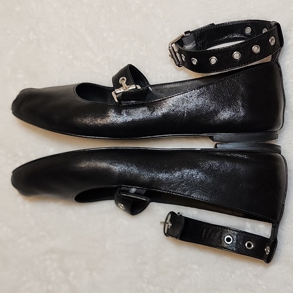 Ba&sh Canya Ballerina  Black Leather Ankle Strap Ballet Flats Loafers Shoes Sz 7